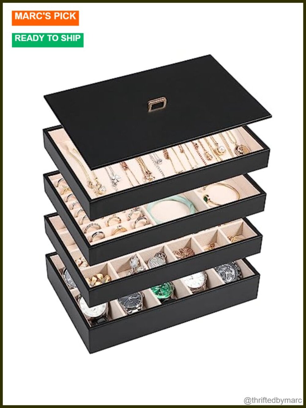 Stackable Jewelry Organizer Tray Set with Lid 4-Tier Wood PU Leather